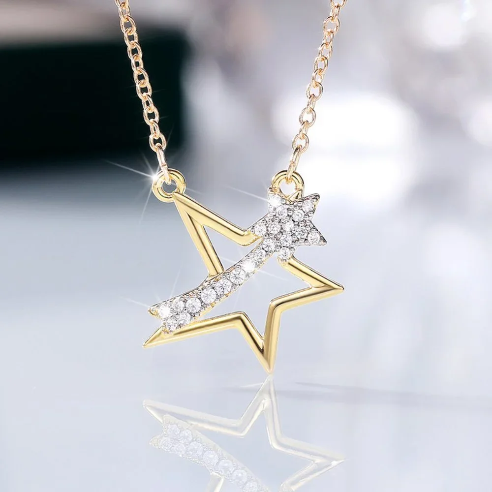 ⚡Crystal Clear Micro Pave Hollow 14K Gold Plated Star Pendant Necklace,MARR9009